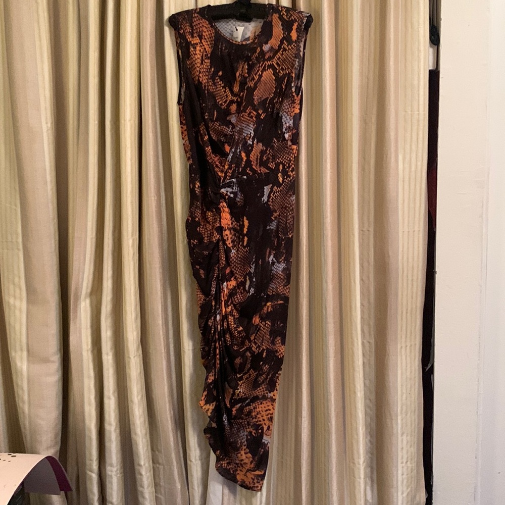 McQ silk vintage golden orange serpent snake asymmetrical dress… bold, sexy, NWT